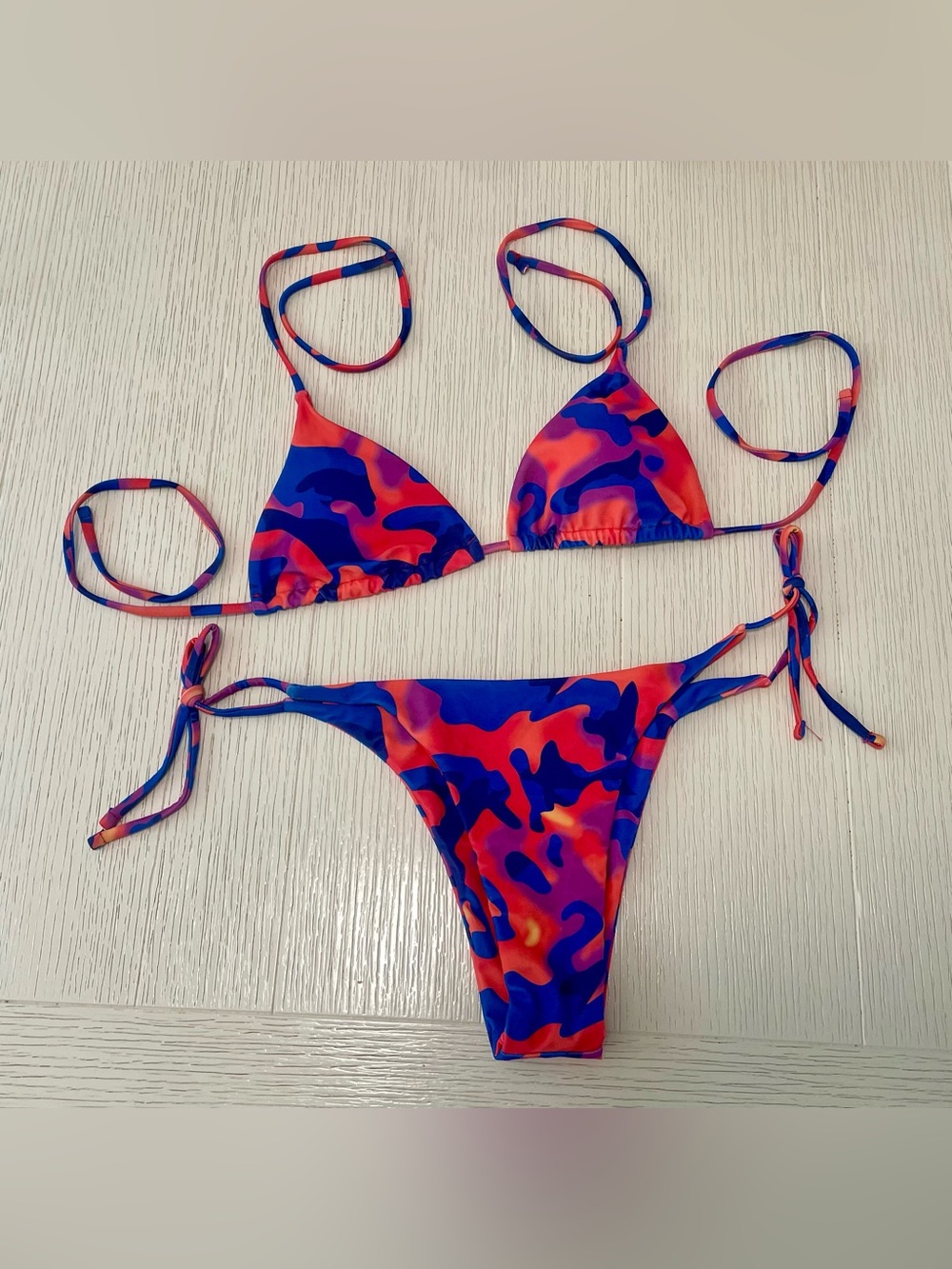 Vibrant Pink & Blue Camo Triangle String Bikini